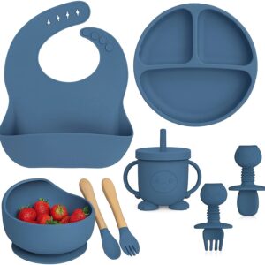 Kesol BPA Free Silicone Baby Feeding Set with Suction Plate, Bowl, Bib & Sippy Cup - Silicone (Blue)