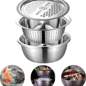 Kesol 3-in-1 Stainless Steel Grater, Drain Basket & Vegetable Cutter Set (26cm) Strainer (Silver Pack of 1)