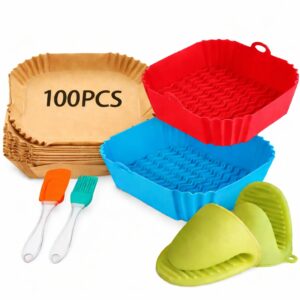 Kesol Air Fryer Kit 2 Silicone Trays, 100 Square Paper Liners oil brush and Mitts Airfryer Tray